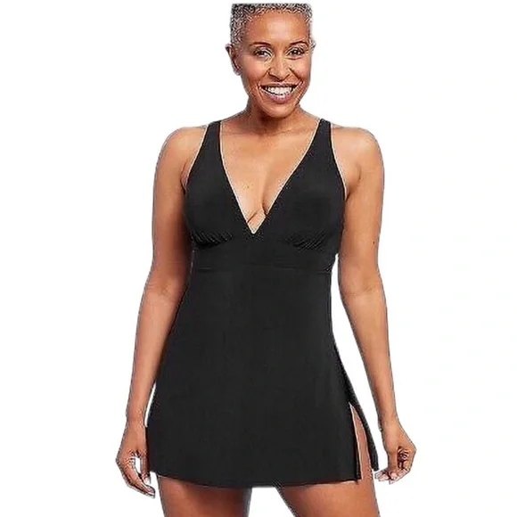 Aqua Green | Swim | Nwt Aqua Green Black Side Slit Swim Dress Size 24 |  Poshmark